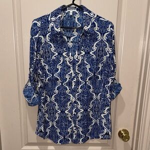 Express Portofino Blue and White Printed Button-Down Shirt